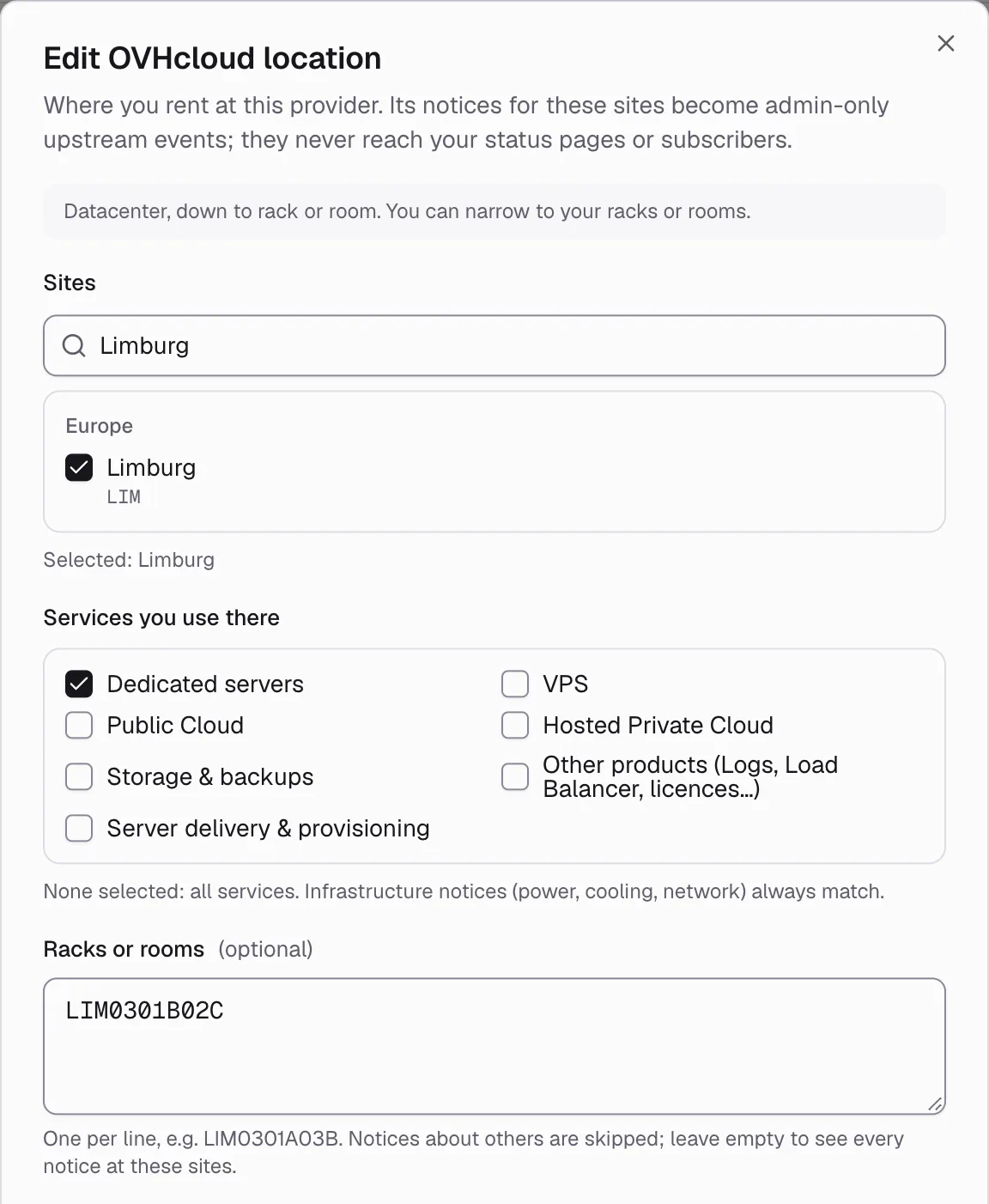 Upstreamr admin, editing an OVHcloud location: the Limburg (LIM) site, Dedicated servers, and rack LIM0301B02C. Example organisation.
